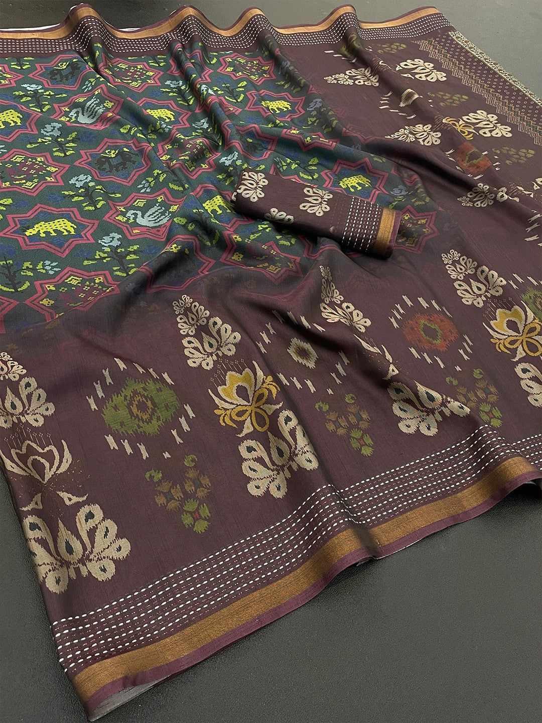 Classic Wine & Navy Blue Digital Patola Printed Silk Blend Saree With Fine Zari Woven Border - Image 2