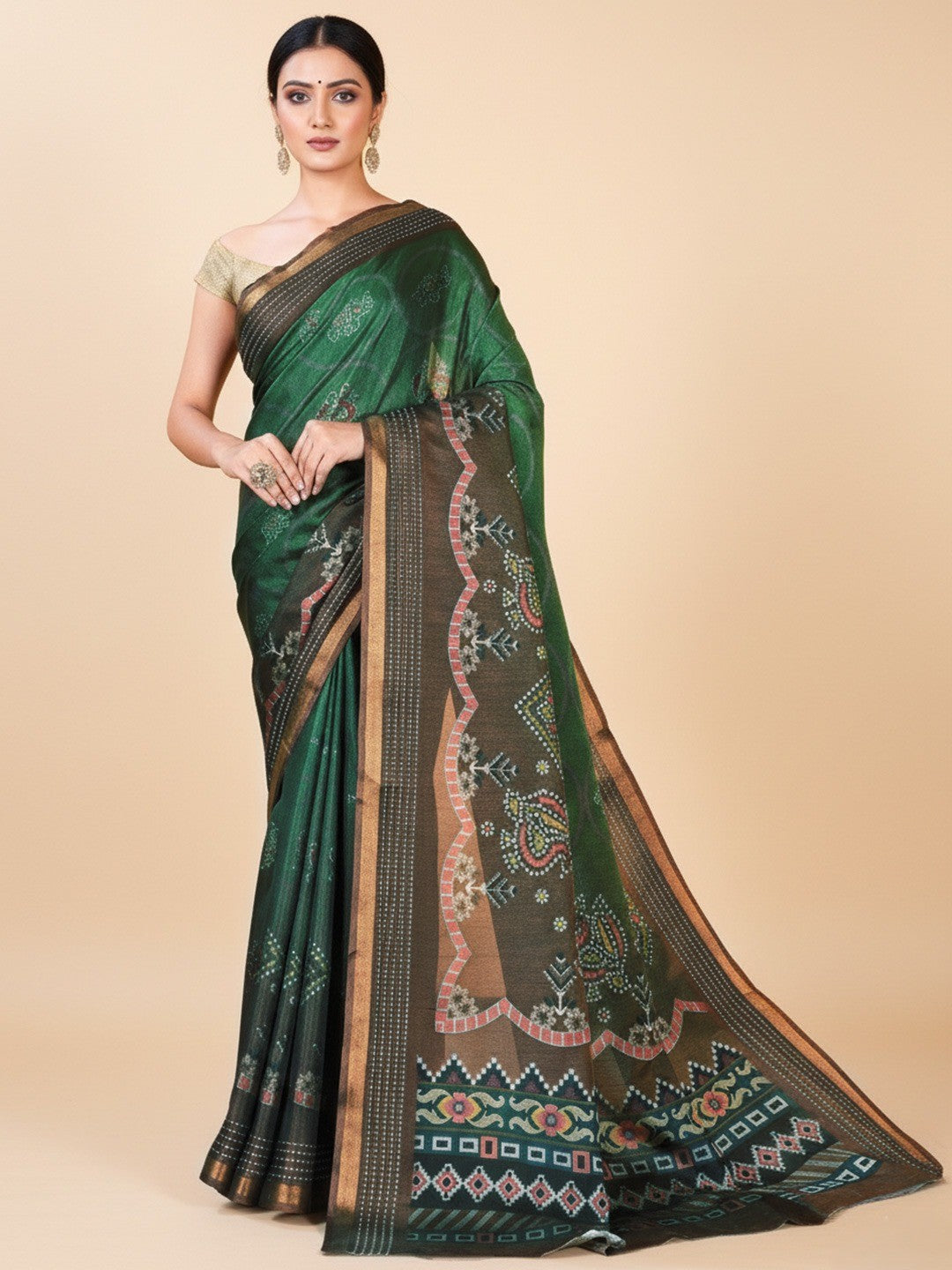 Classic Brown & Green Digital Patola Printed Silk Blend Saree With Fine Zari Woven Border - Image 1
