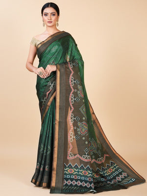 Classic Brown & Green Digital Patola Printed Silk Blend Saree With Fine Zari Woven Border - Image 1