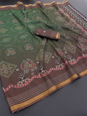 Classic Brown & Green Digital Patola Printed Silk Blend Saree With Fine Zari Woven Border - Image 2