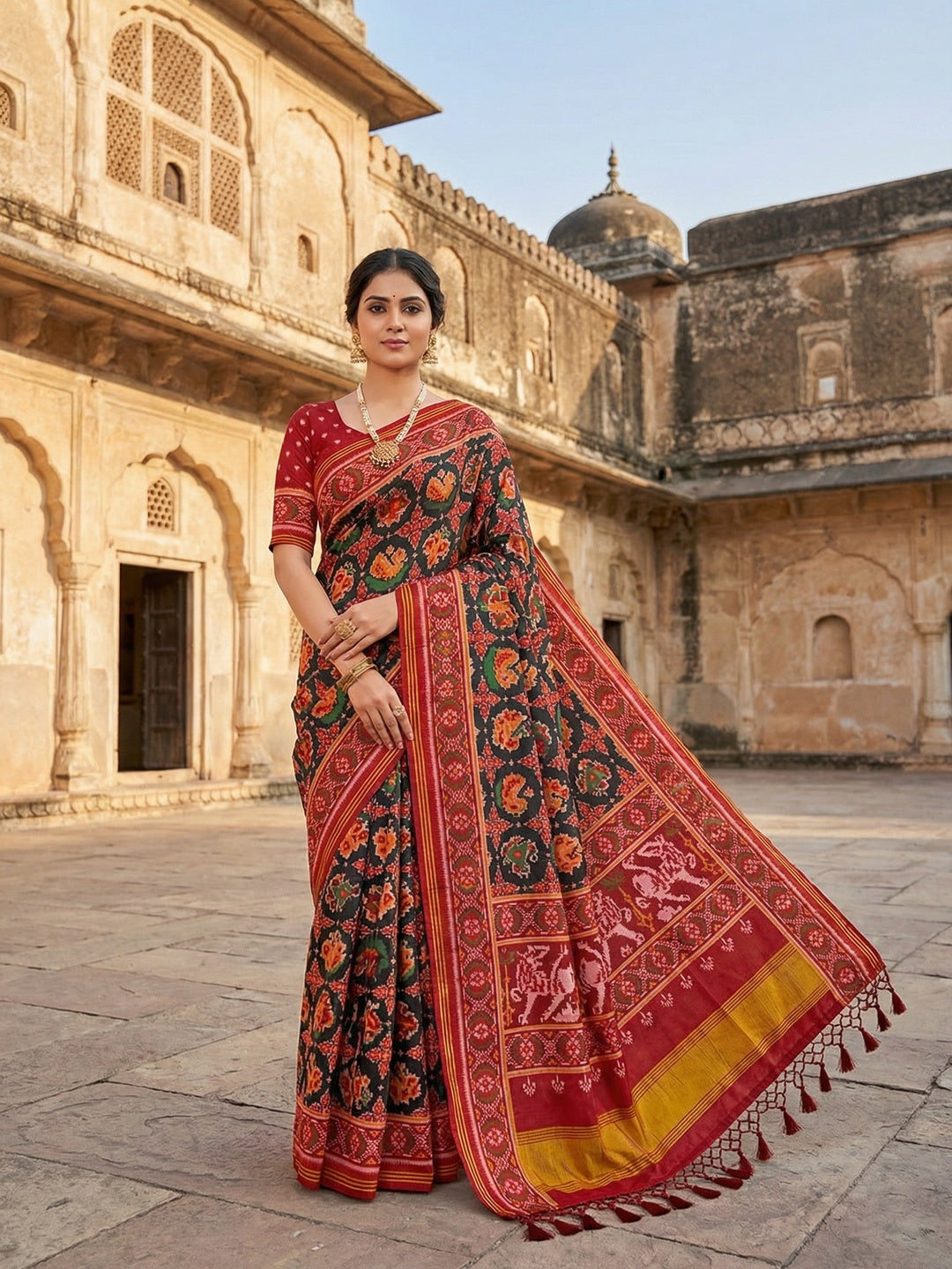 Exquisite Black Patola Print Handloom Silk Saree with Handcrafted Tassel Detailing - Image 1