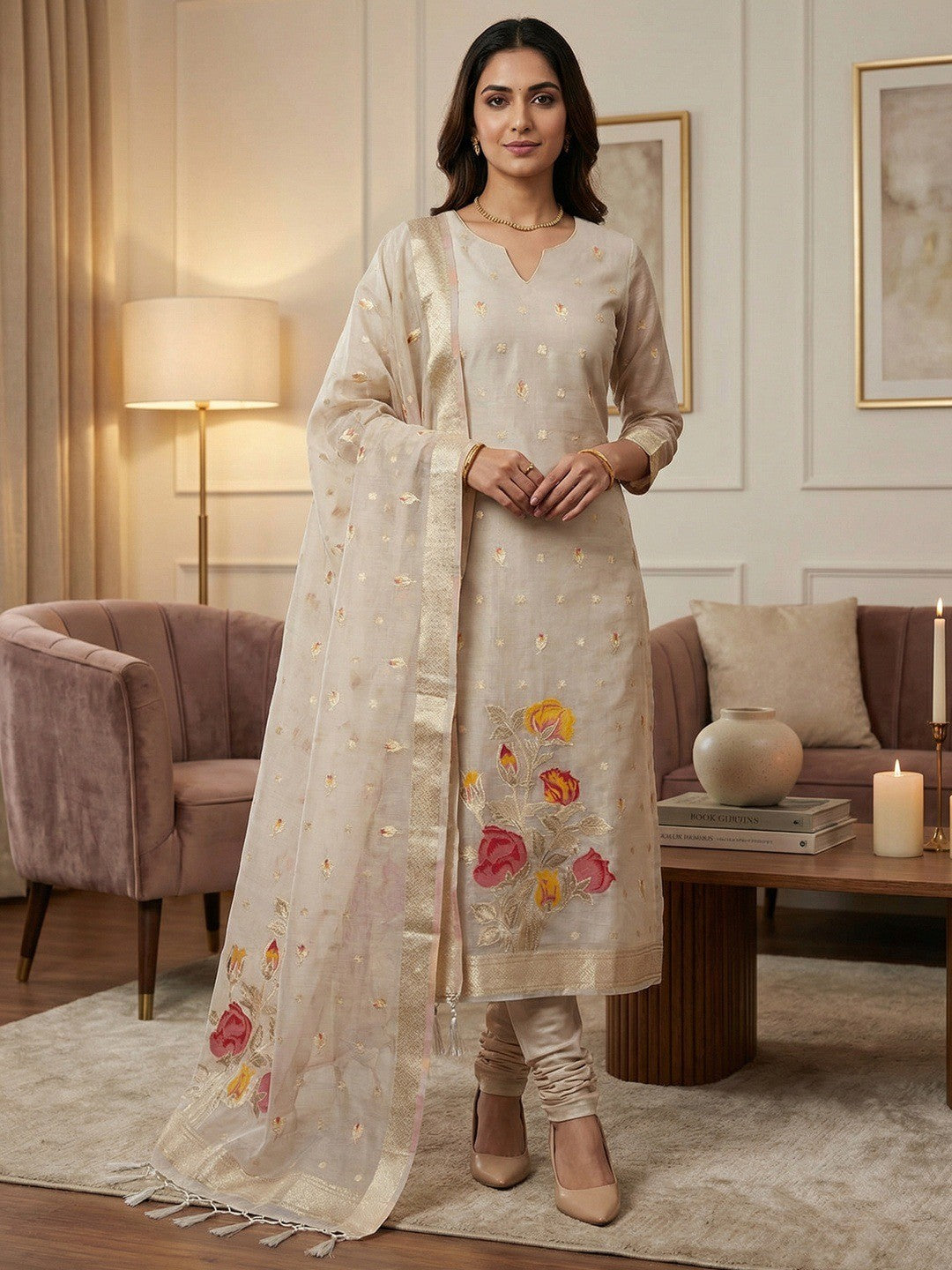 Sophisticated Cream Floral Weaving Tissue Shimmer Jacquard Dress Material - Image 1