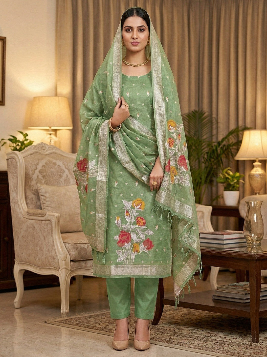 Sophisticated Green Floral Weaving Tissue Shimmer Jacquard Dress Material - Image 2