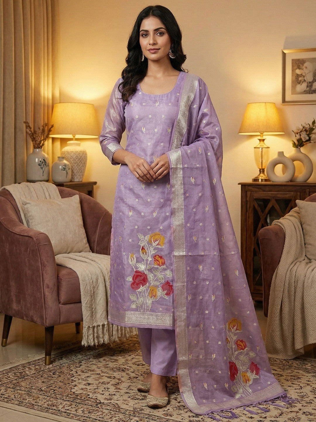 Sophisticated Lavender Floral Weaving Tissue Shimmer Jacquard Dress Material - Image 1