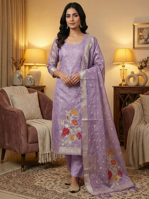 Sophisticated Lavender Floral Weaving Tissue Shimmer Jacquard Dress Material - Image 1