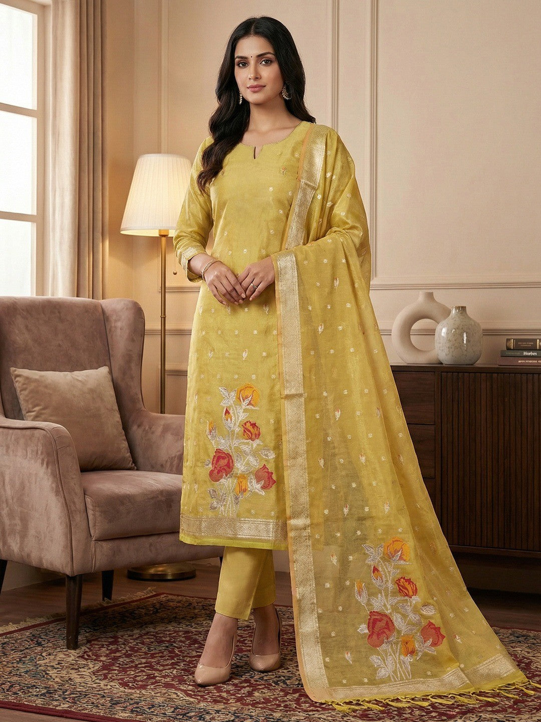 Sophisticated Yellow Floral Weaving Tissue Shimmer Jacquard Dress Material - Image 2