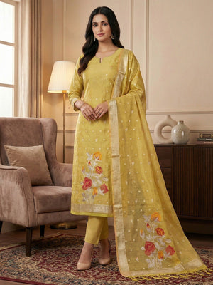 Sophisticated Yellow Floral Weaving Tissue Shimmer Jacquard Dress Material - Image 2