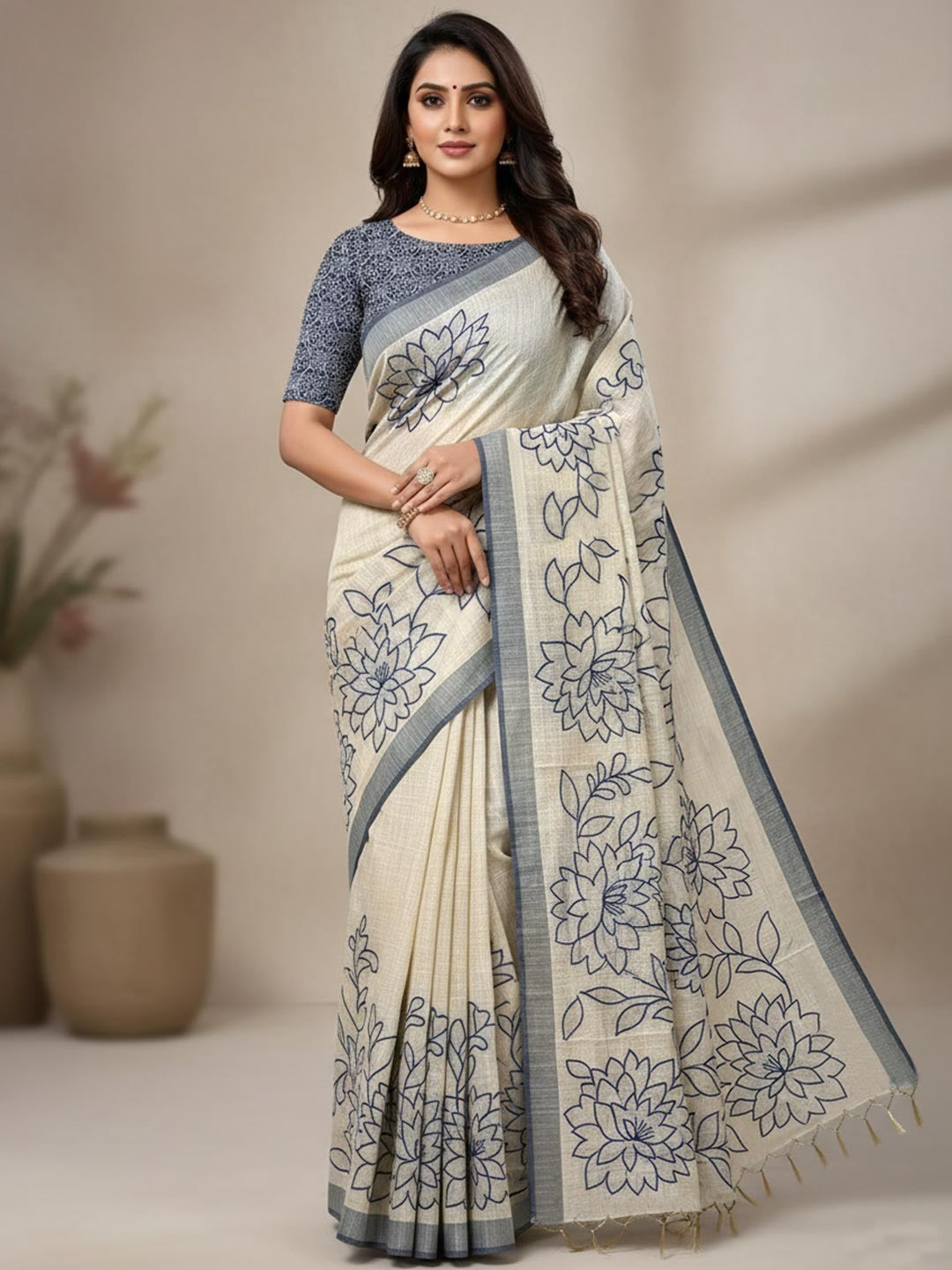 Beige Woven Cotton Blend Saree Featuring Blue Floral Pattern In Jamdani Style - Image 1