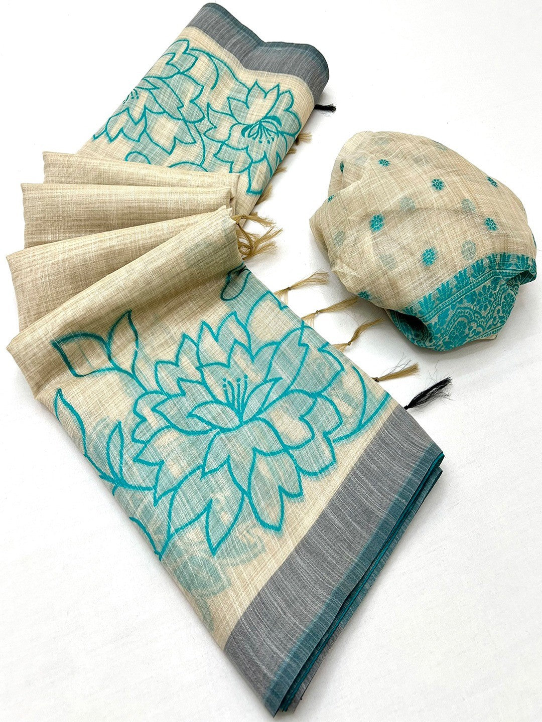 Beige Woven Cotton Blend Saree Featuring Turquoise Floral Pattern In Jamdani Style - Image 1