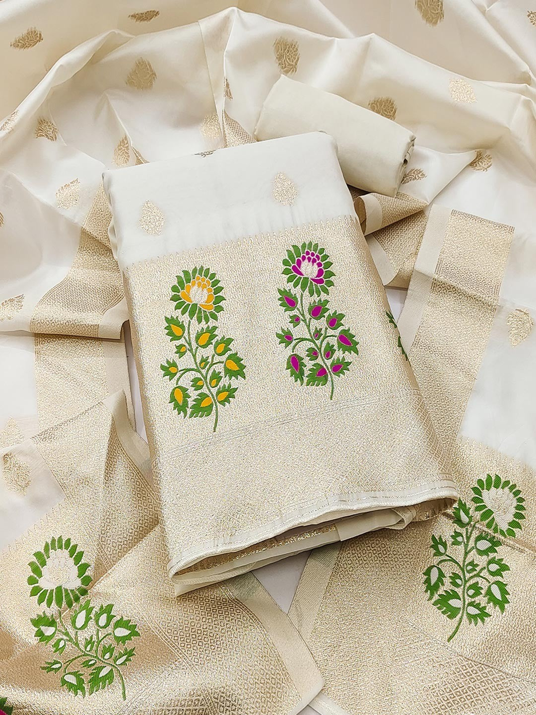 Luxurious Cream Banarasi Silk Dress Material With Floral Weaving Jacquard & Meenakari Artistry - Image 1