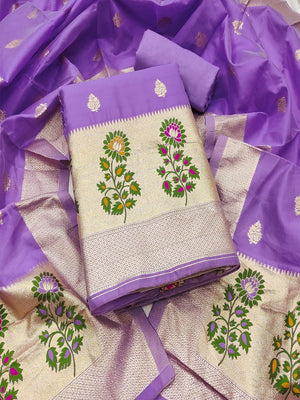 Luxurious Lavender Banarasi Silk Dress Material With Floral Weaving Jacquard & Meenakari Artistry - Image 1