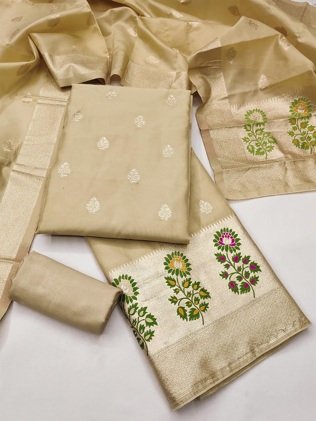 Luxurious Chikoo Banarasi Silk Dress Material With Floral Weaving Jacquard & Meenakari Artistry - Image 4