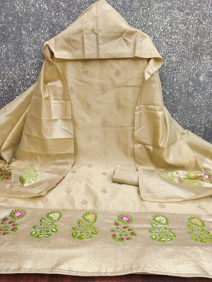 Luxurious Chikoo Banarasi Silk Dress Material With Floral Weaving Jacquard & Meenakari Artistry - Image 2