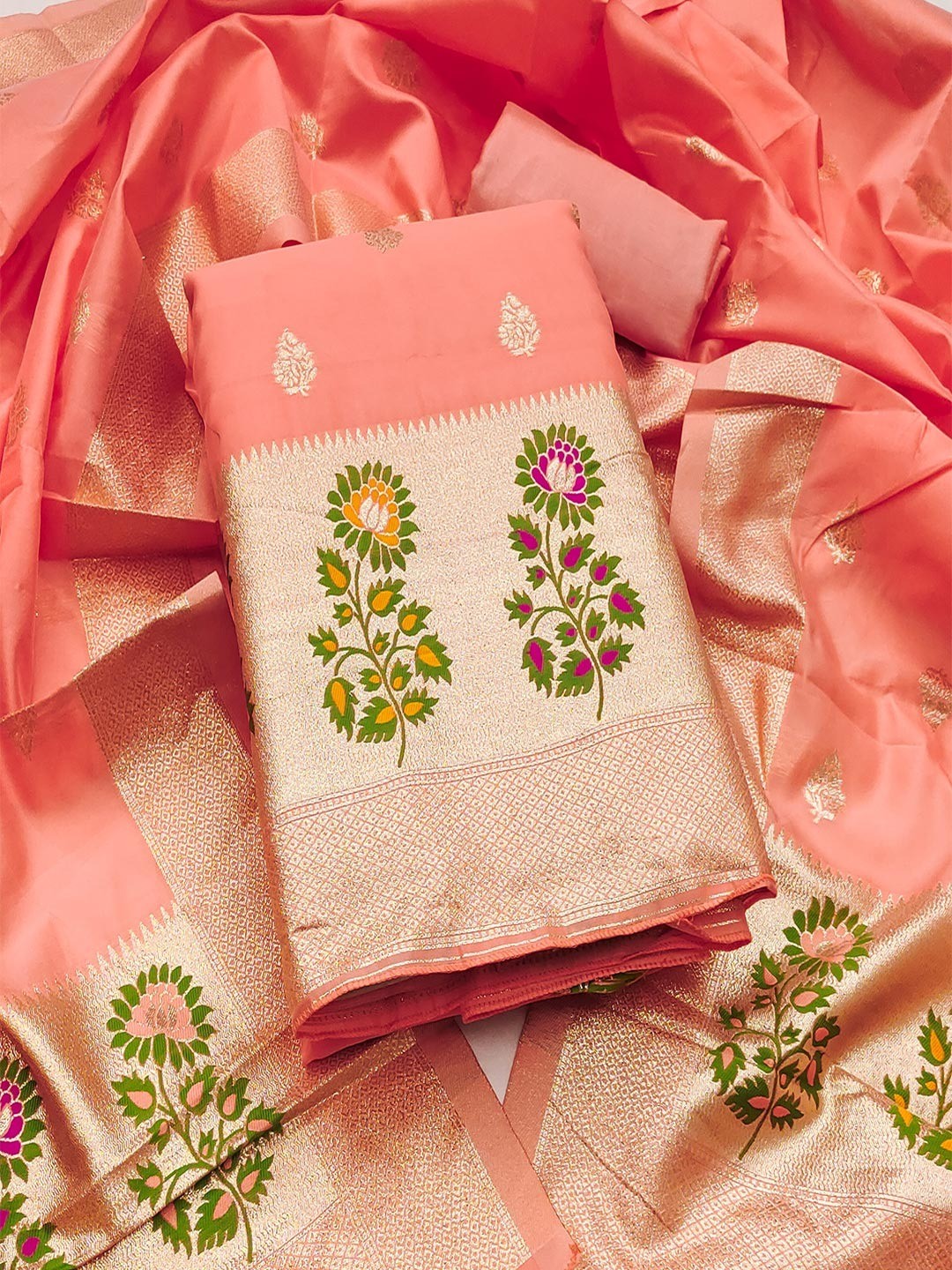 Luxurious Peach Banarasi Silk Dress Material With Floral Weaving Jacquard & Meenakari Artistry - Image 1