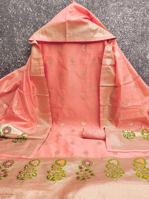 Luxurious Peach Banarasi Silk Dress Material With Floral Weaving Jacquard & Meenakari Artistry - Image 2