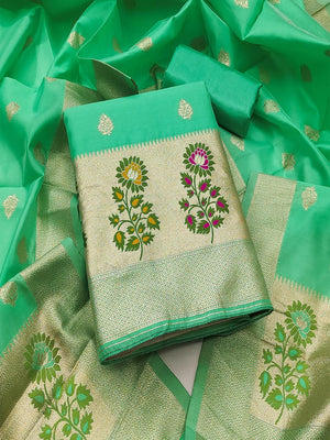 Luxurious Sea Green Banarasi Silk Dress Material With Floral Weaving Jacquard & Meenakari Artistry - Image 1