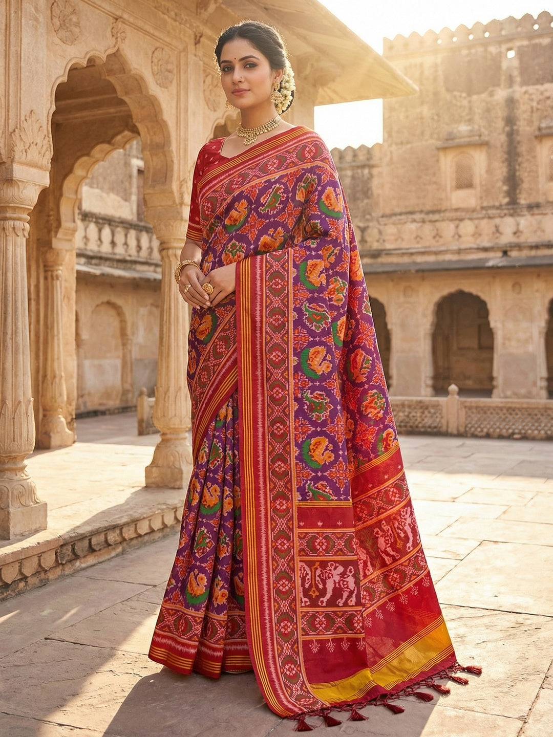 Exquisite Purple Patola Print Handloom Silk Saree with Handcrafted Tassel Detailing - Image 1