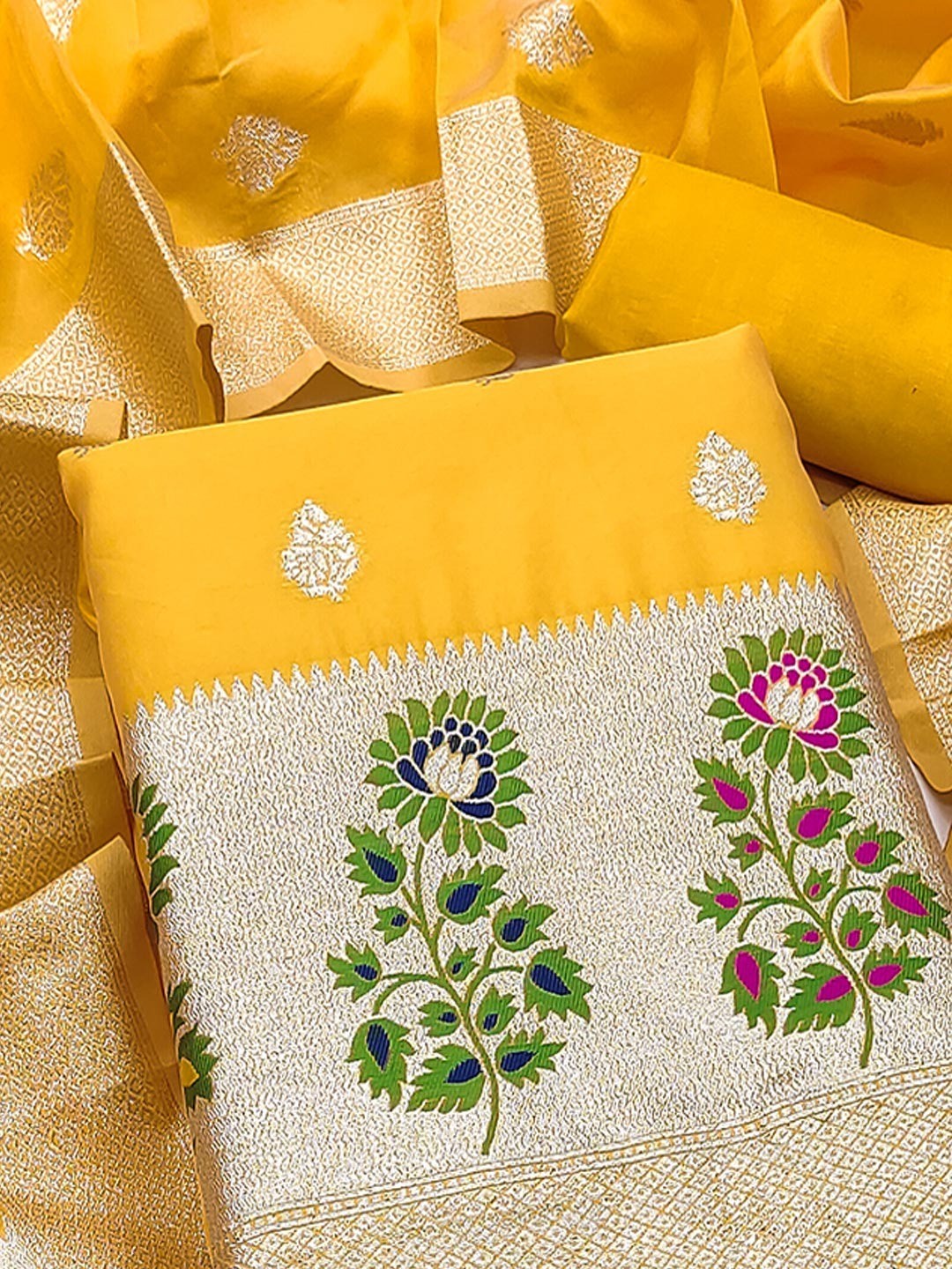 Luxurious Yellow Banarasi Silk Dress Material With Floral Weaving Jacquard & Meenakari Artistry - Image 3