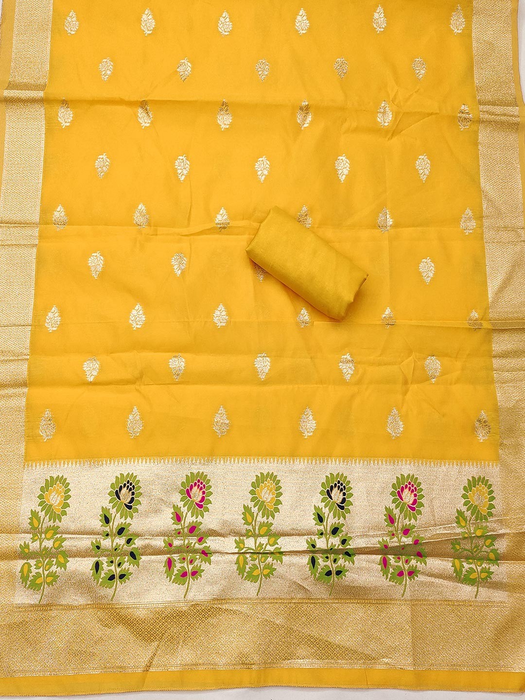 Luxurious Yellow Banarasi Silk Dress Material With Floral Weaving Jacquard & Meenakari Artistry - Image 5