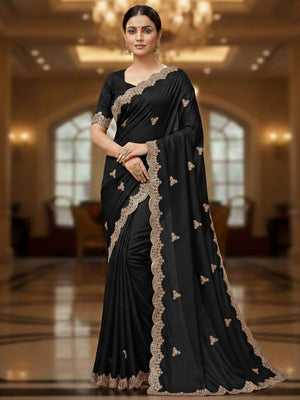 Elegant Black Floral Zari Embroidered Vichitra Silk Saree Enhanced With Shimmering Sequins Work - Image 1