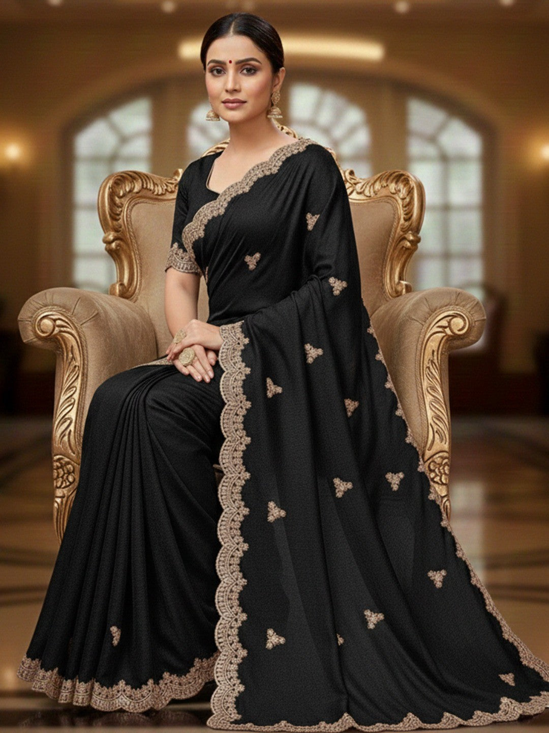 Elegant Black Floral Zari Embroidered Vichitra Silk Saree Enhanced With Shimmering Sequins Work - Image 4