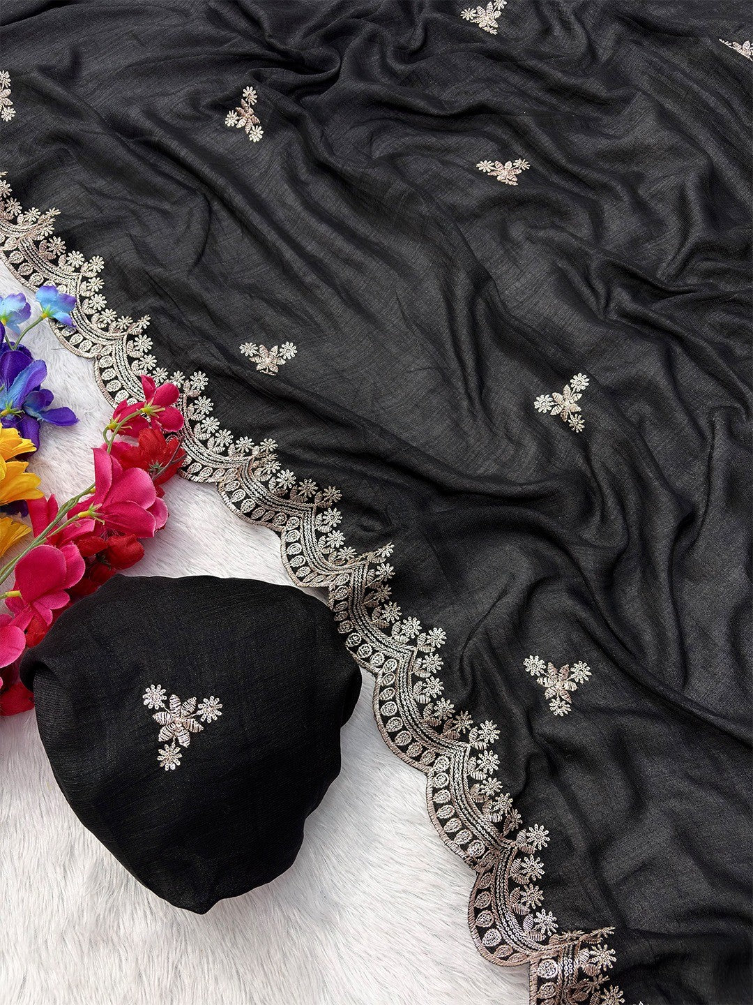 Elegant Black Floral Zari Embroidered Vichitra Silk Saree Enhanced With Shimmering Sequins Work - Image 3