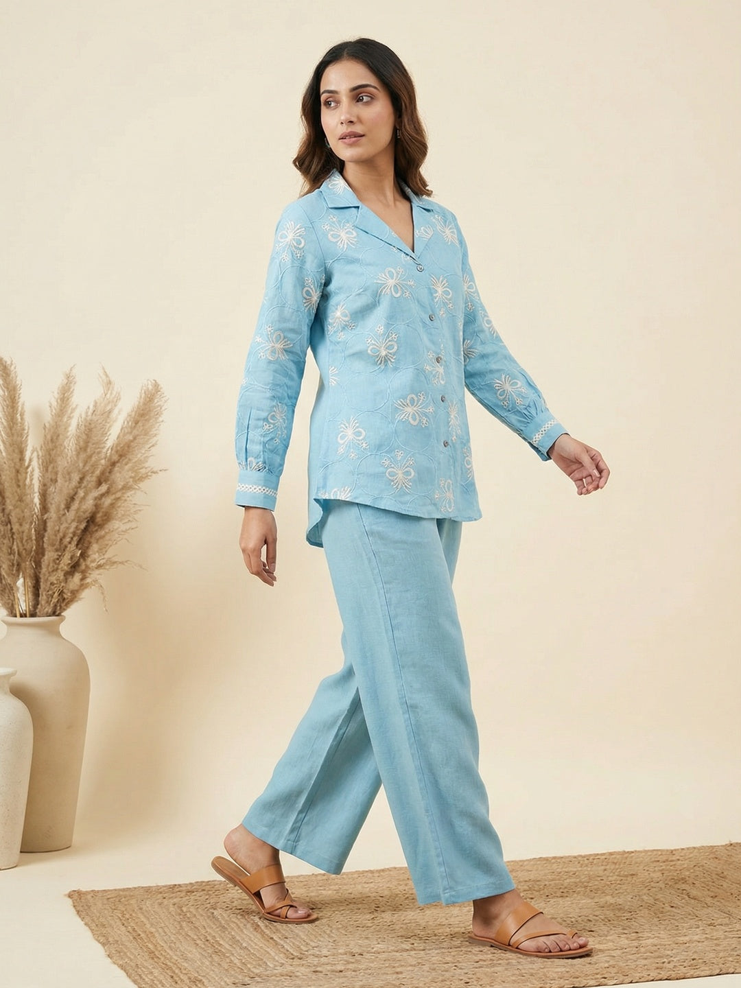 Floral Embroidered Sky Blue Breathable Linen Matching Top Bottom Outfit Set - Image 2
