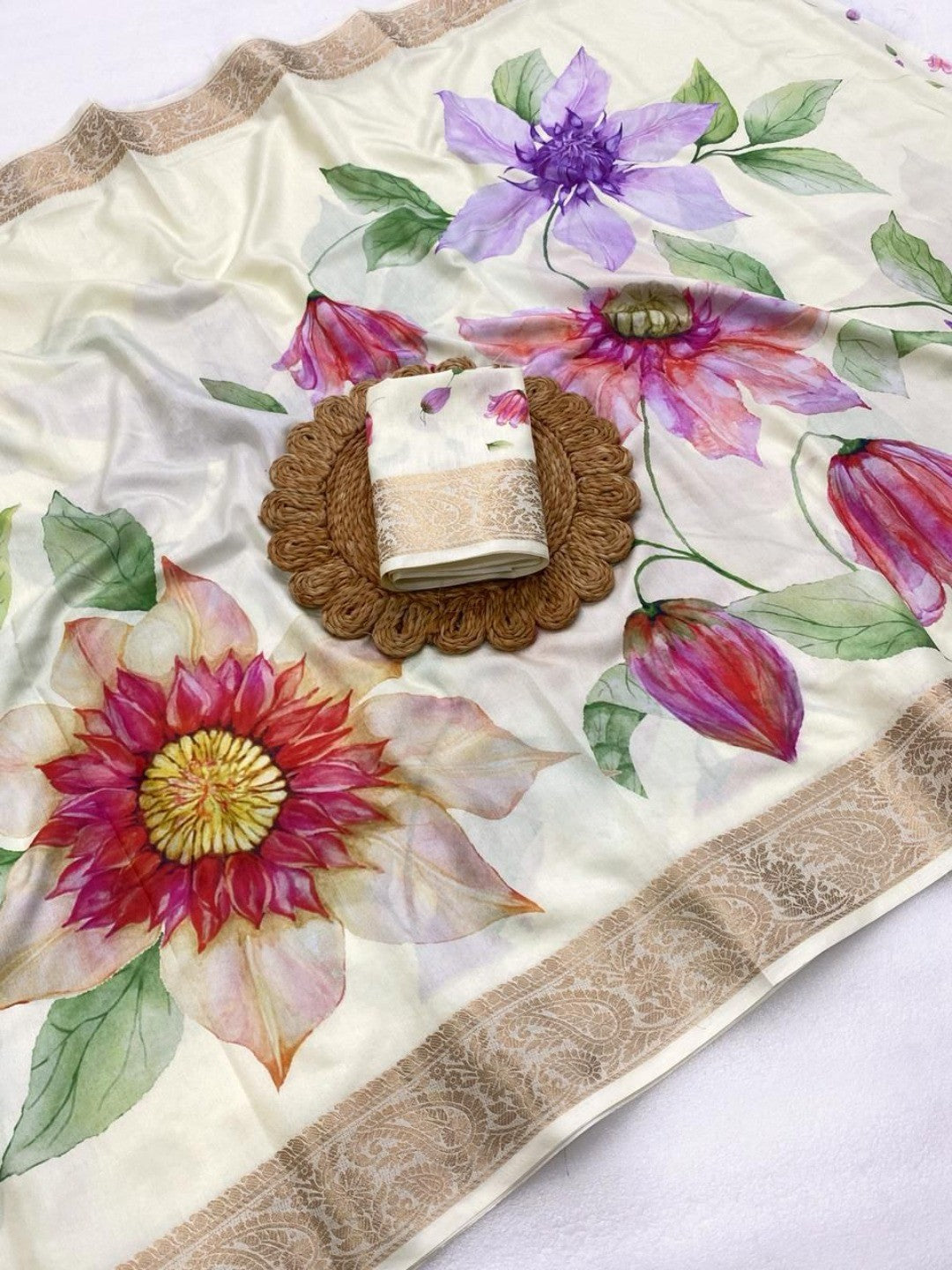 Cream Floral Printed Dola Silk Saree with Golden Border - Image 3