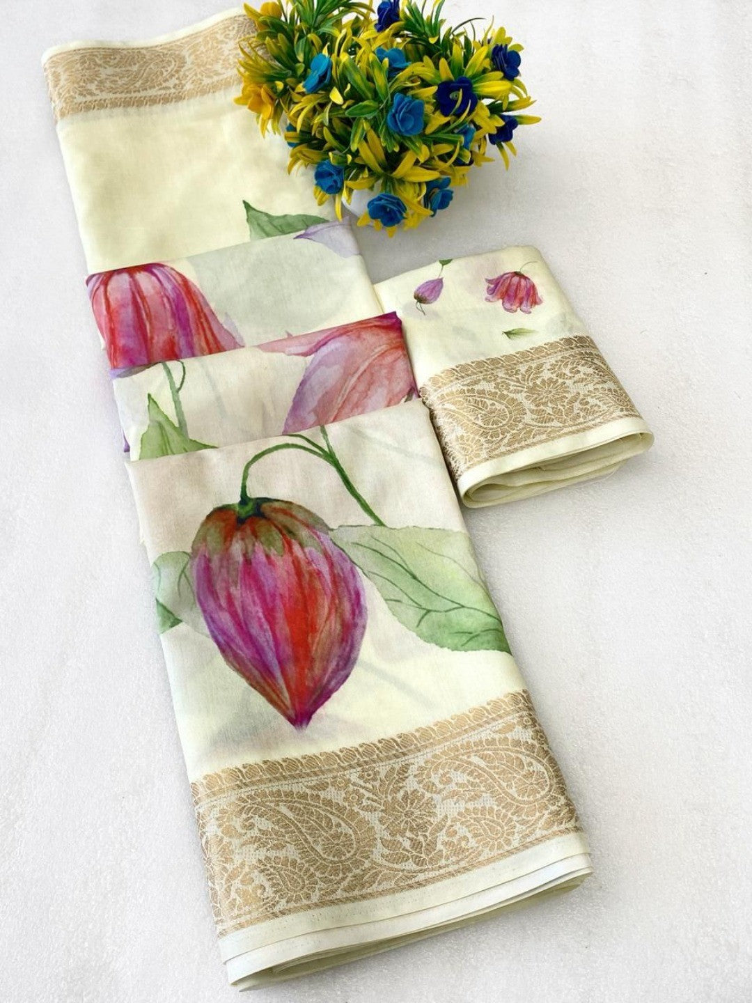 Cream Floral Printed Dola Silk Saree with Golden Border - Image 2