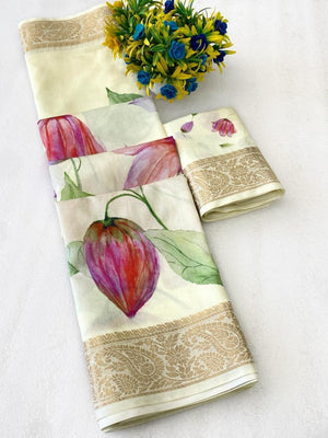 Cream Floral Printed Dola Silk Saree with Golden Border - Image 2