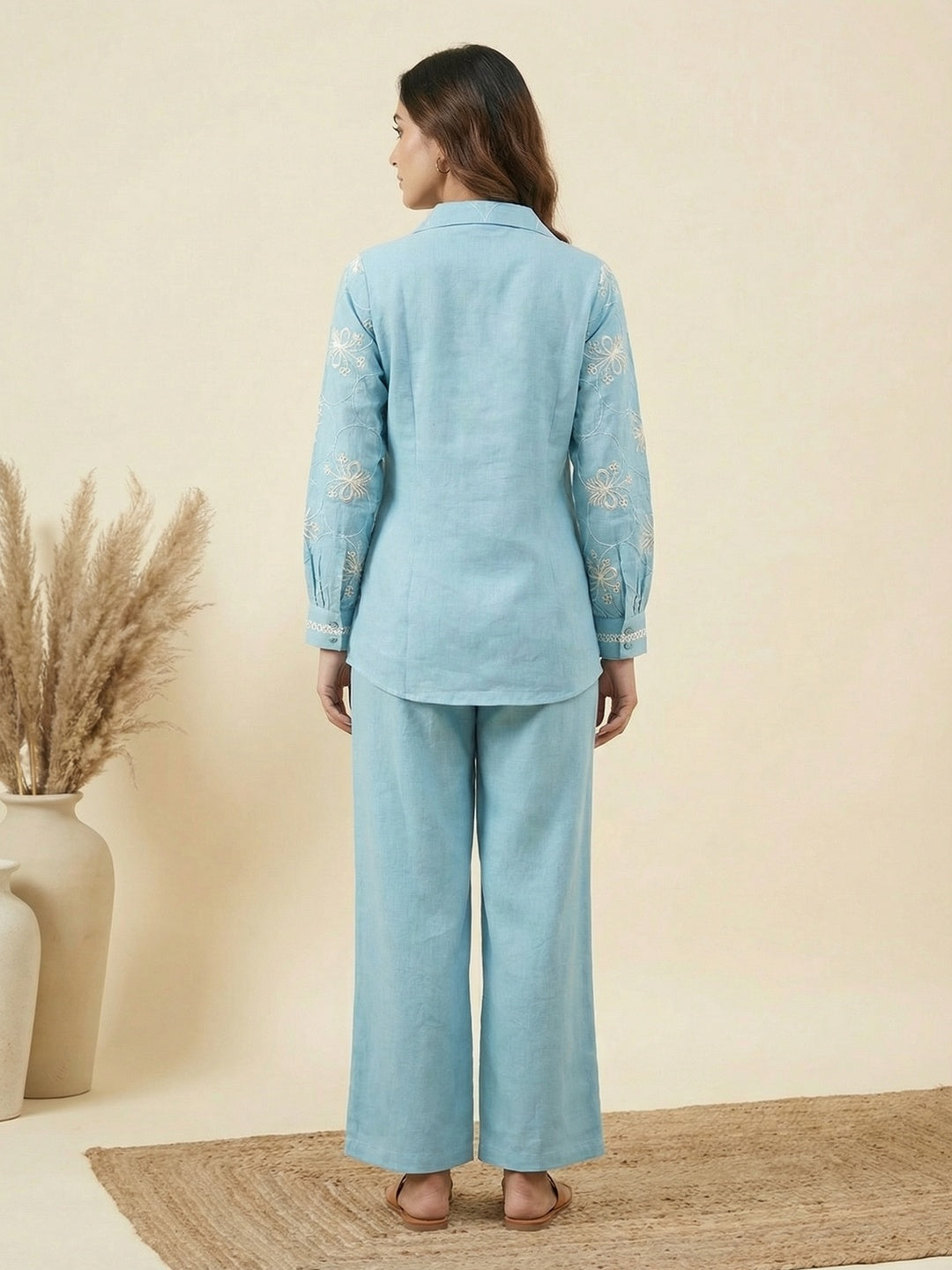 Floral Embroidered Sky Blue Breathable Linen Matching Top Bottom Outfit Set - Image 3
