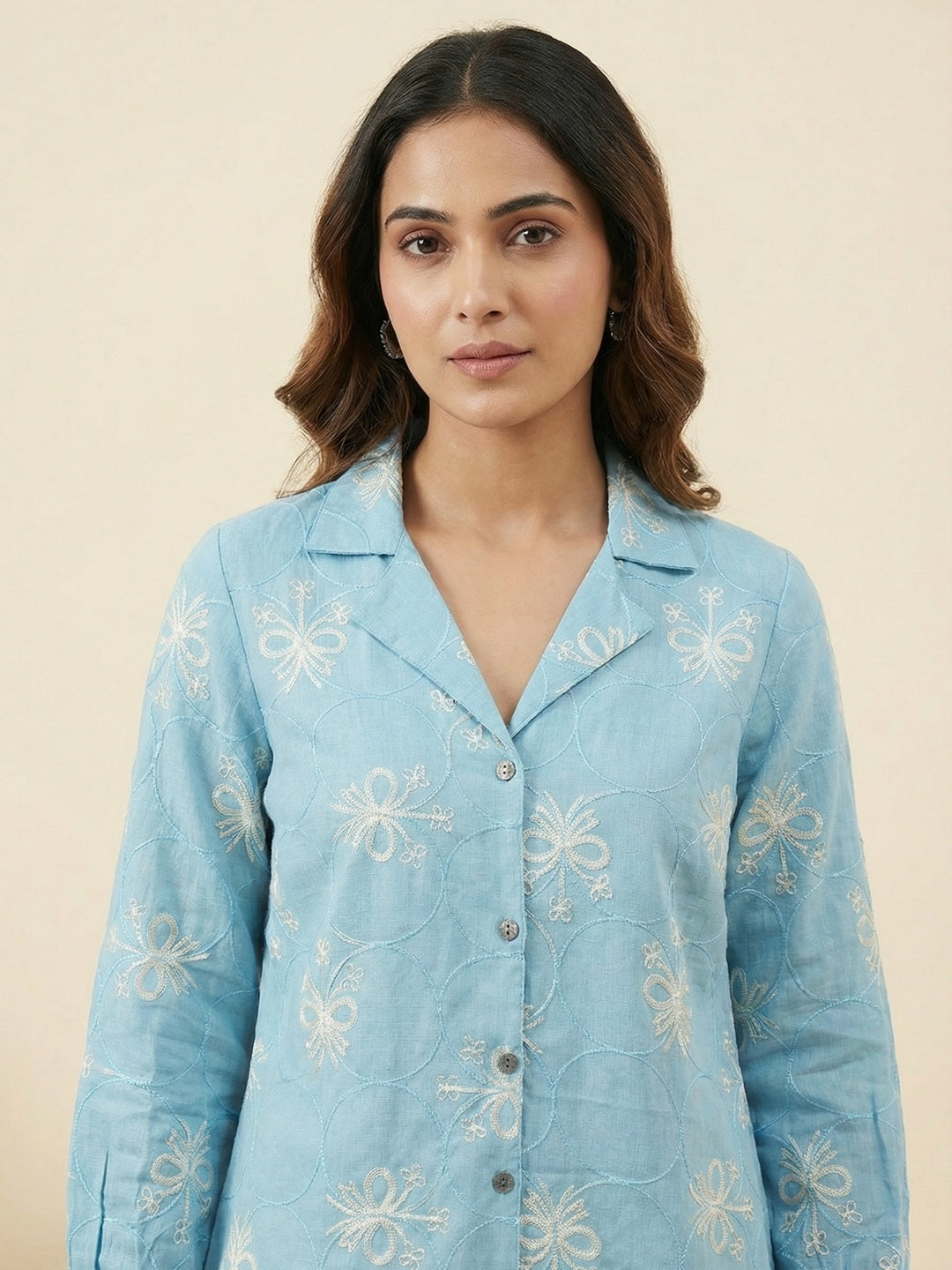 Floral Embroidered Sky Blue Breathable Linen Matching Top Bottom Outfit Set - Image 4