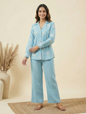Floral Embroidered Sky Blue Breathable Linen Matching Top Bottom Outfit Set - Image 1