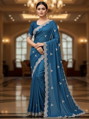 Elegant Blue Floral Zari Embroidered Vichitra Silk Saree Enhanced With Shimmering Sequins Work - Image 1
