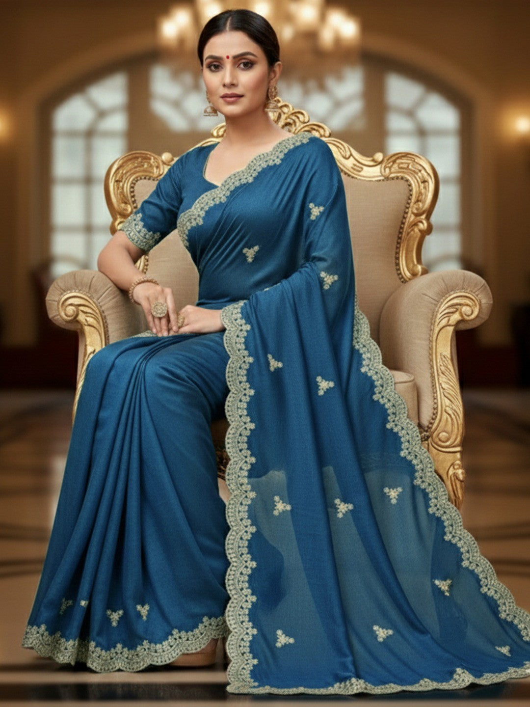 Elegant Blue Floral Zari Embroidered Vichitra Silk Saree Enhanced With Shimmering Sequins Work - Image 5