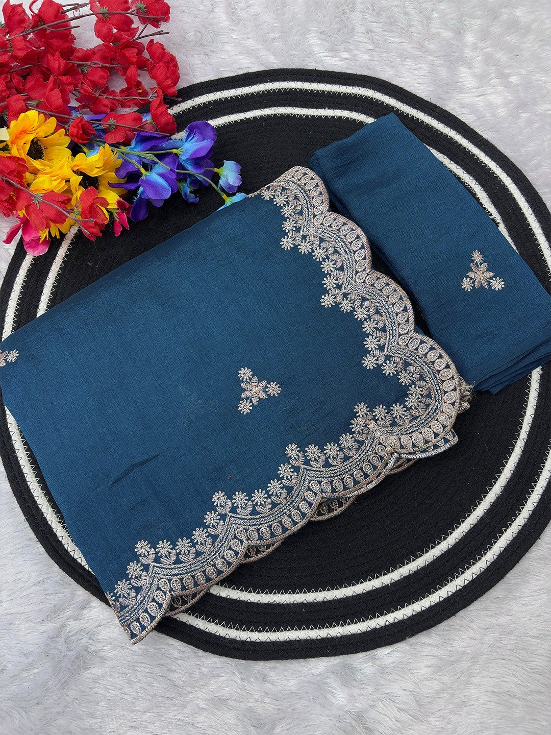 Elegant Blue Floral Zari Embroidered Vichitra Silk Saree Enhanced With Shimmering Sequins Work - Image 2