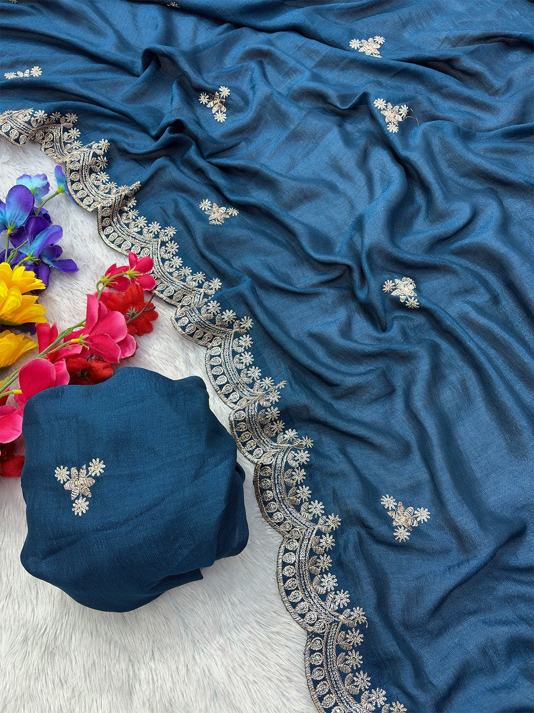Elegant Blue Floral Zari Embroidered Vichitra Silk Saree Enhanced With Shimmering Sequins Work - Image 4