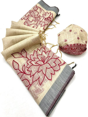 Beige Woven Cotton Blend Saree Featuring Red Floral Pattern In Jamdani Style - Image 1