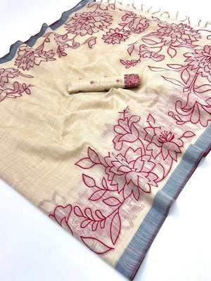 Beige Woven Cotton Blend Saree Featuring Red Floral Pattern In Jamdani Style - Image 2