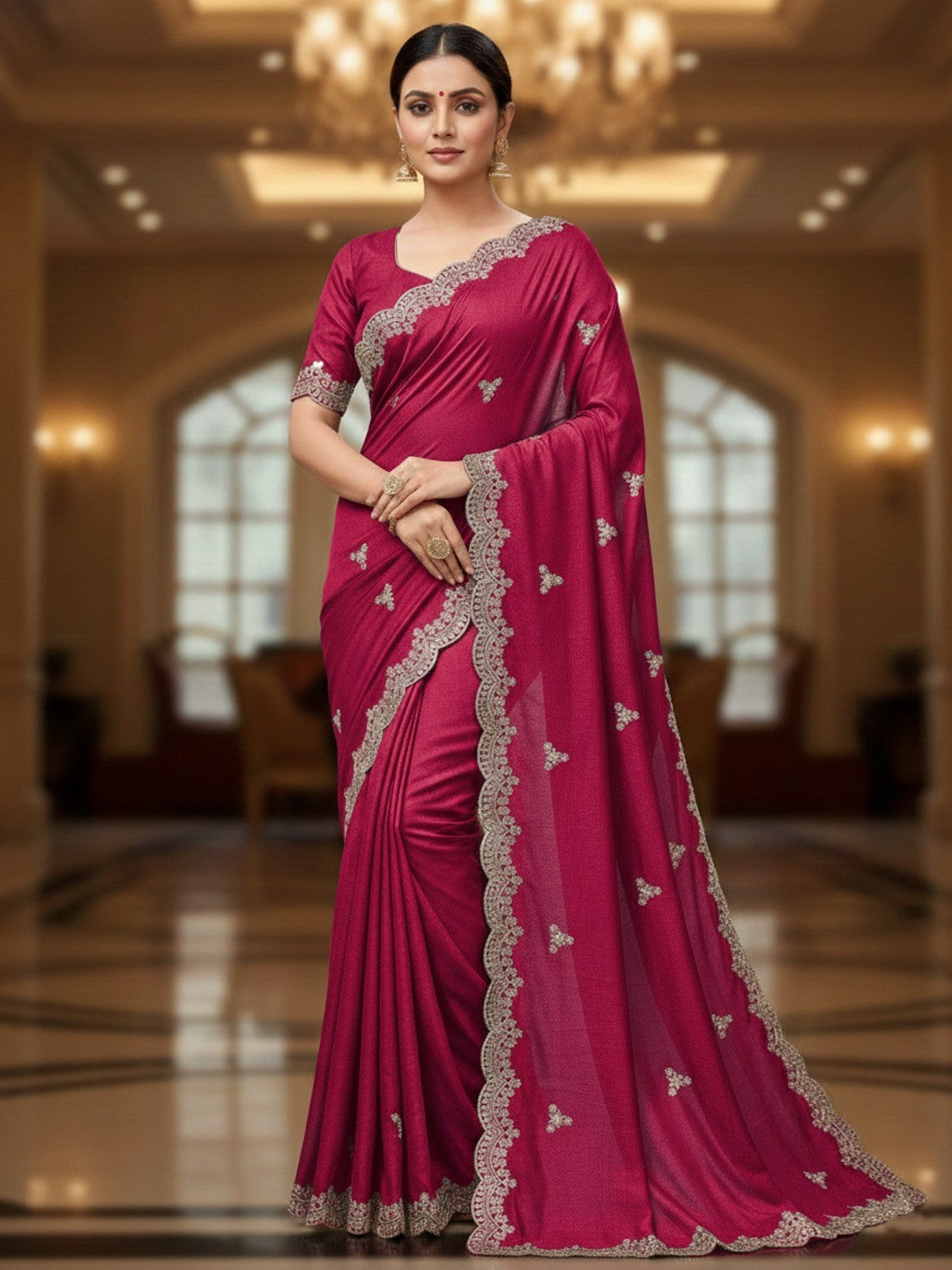Elegant Rani Pink Floral Zari Embroidered Vichitra Silk Saree Enhanced With Shimmering Sequins Work - Image 1