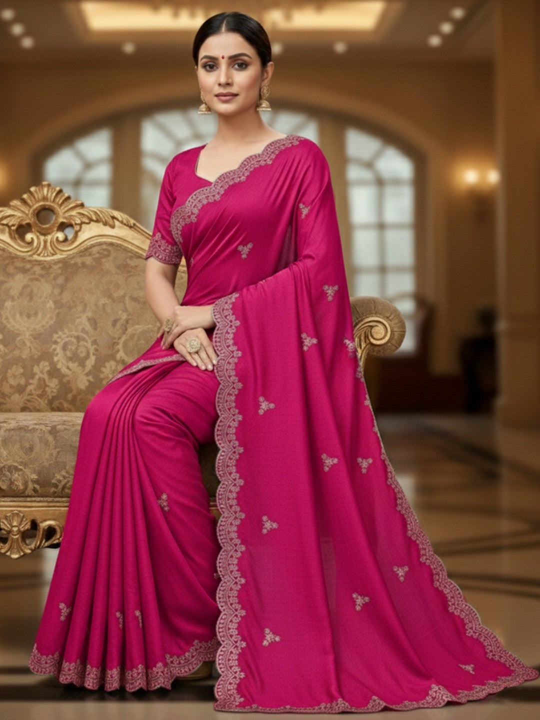 Elegant Rani Pink Floral Zari Embroidered Vichitra Silk Saree Enhanced With Shimmering Sequins Work - Image 3