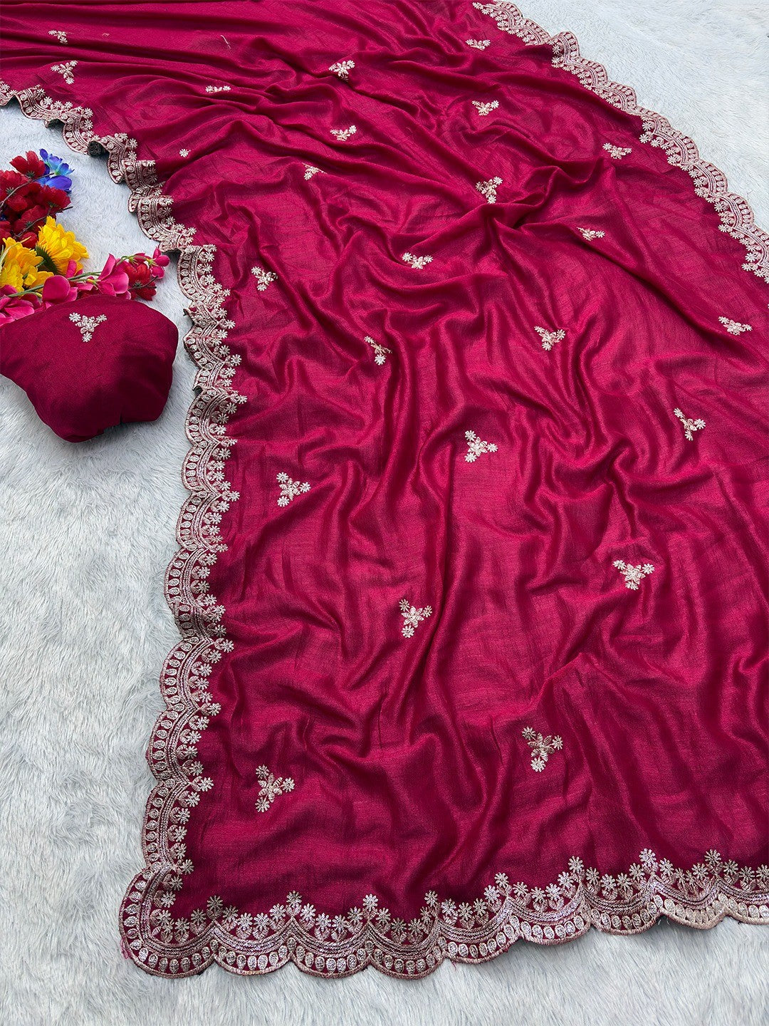 Elegant Rani Pink Floral Zari Embroidered Vichitra Silk Saree Enhanced With Shimmering Sequins Work - Image 3