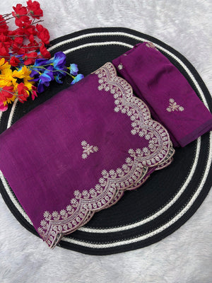 Elegant Purple Floral Zari Embroidered Vichitra Silk Saree Enhanced With Shimmering Sequins Work - Image 2