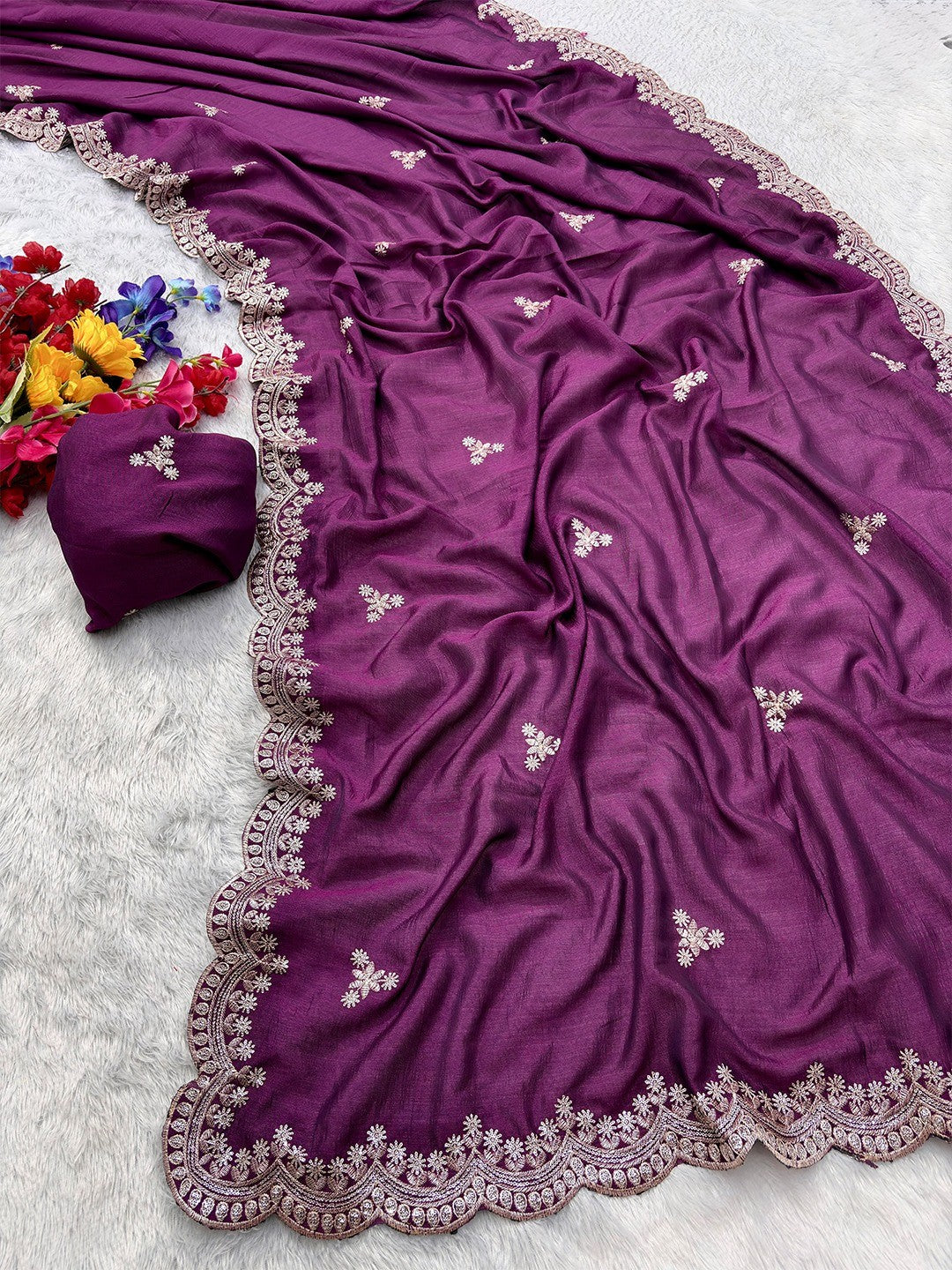 Elegant Purple Floral Zari Embroidered Vichitra Silk Saree Enhanced With Shimmering Sequins Work - Image 3