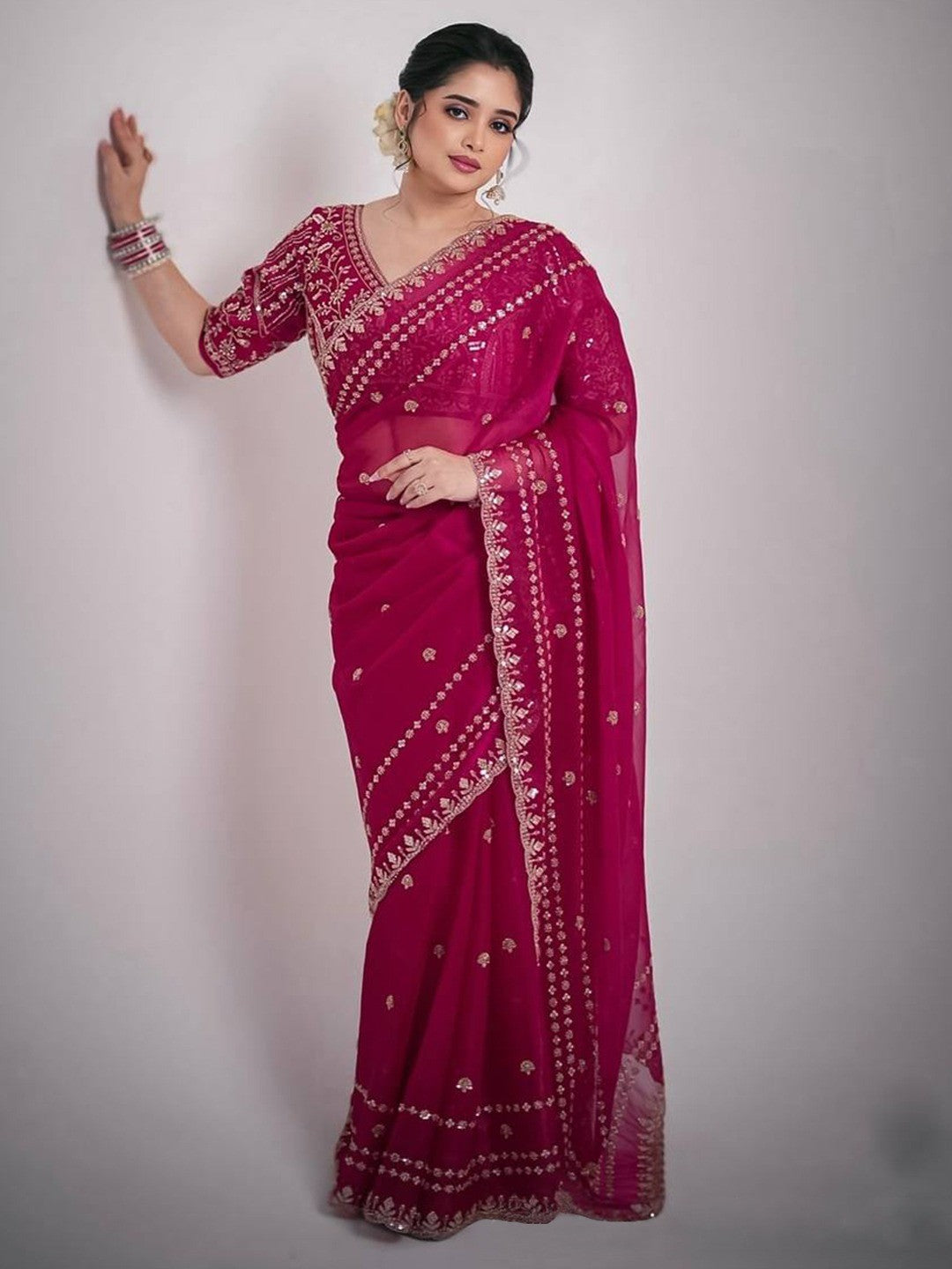 Luxurious Rani Pink Floral Zari Embroidered Satin Saree Accented With Fine Sequins Work - Image 5
