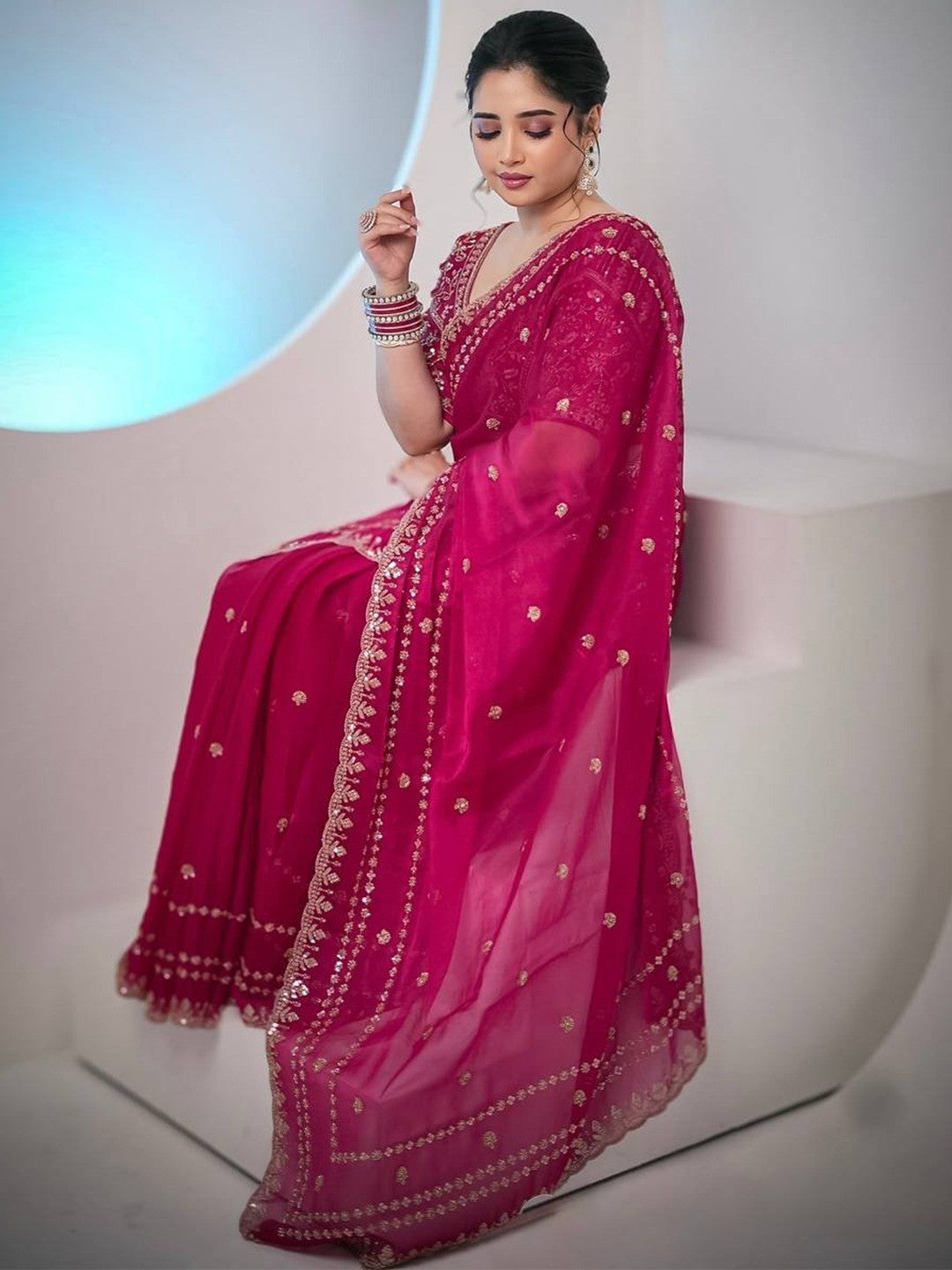 Luxurious Rani Pink Floral Zari Embroidered Satin Saree Accented With Fine Sequins Work - Image 3