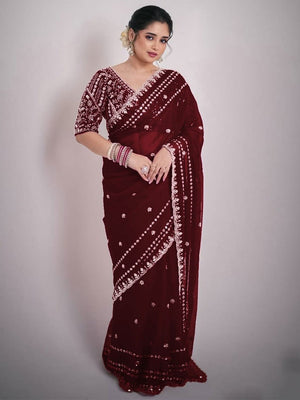 Luxurious Maroon Floral Zari Embroidered Satin Saree Accented With Fine Sequins Work - Image 1