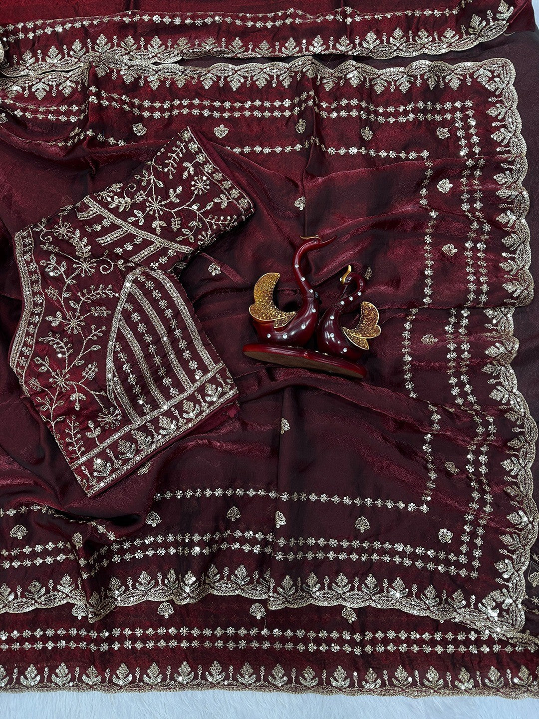 Luxurious Maroon Floral Zari Embroidered Satin Saree Accented With Fine Sequins Work - Image 2