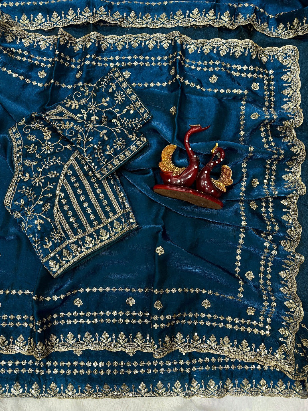 Luxurious Blue Floral Zari Embroidered Satin Saree Accented With Fine Sequins Work - Image 6