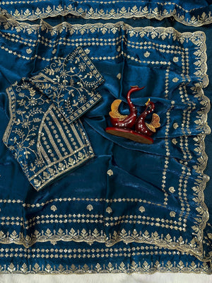 Luxurious Blue Floral Zari Embroidered Satin Saree Accented With Fine Sequins Work - Image 2